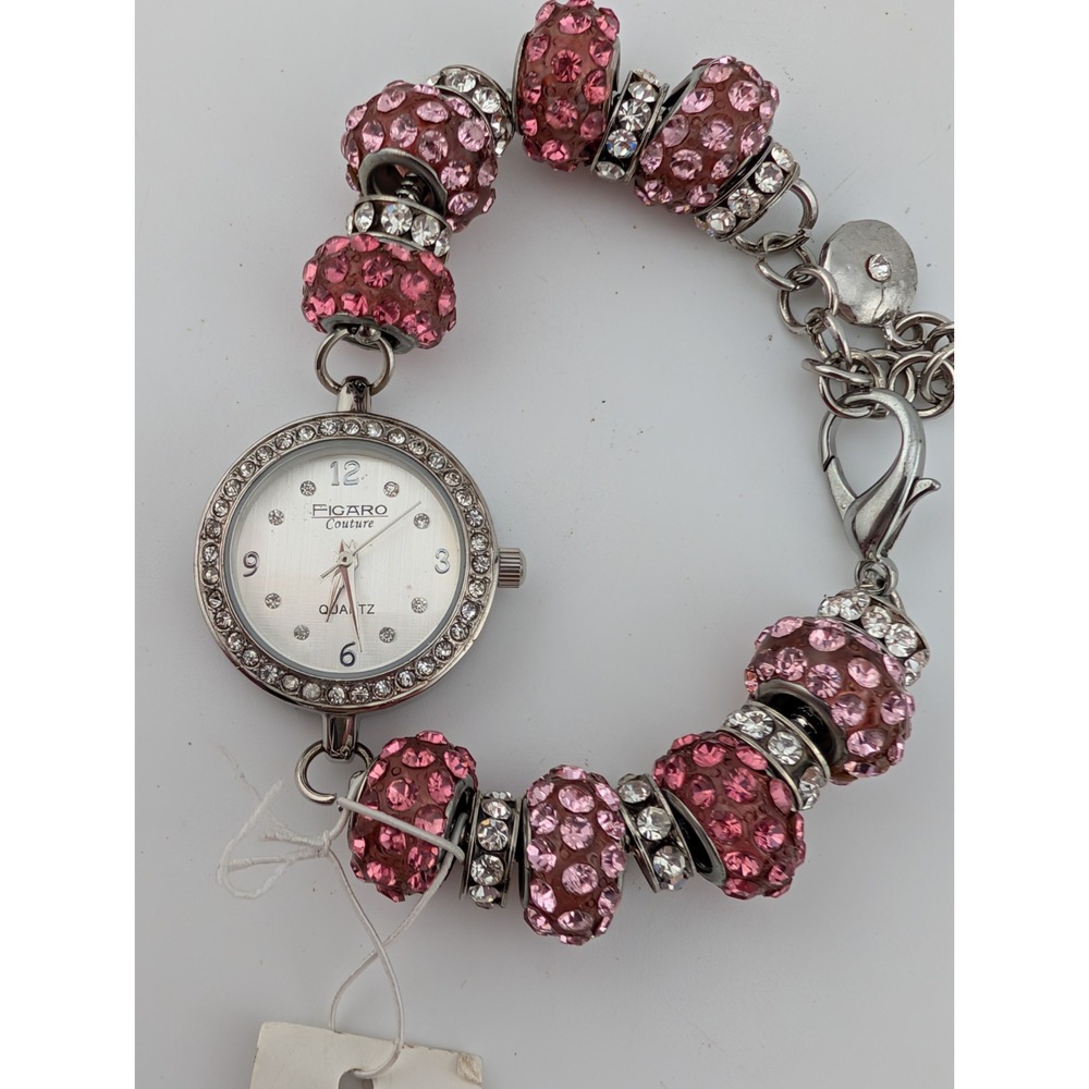 Figaro Couture Watch Women 26mm Silver Case Pink Beaded 8" Band- New Battery